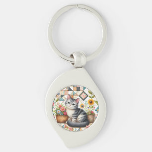 Schattige Kat op Bloemendeken Cottagecore Sleutelhanger