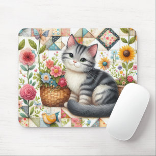 Schattige kat op bloemenschort Cottagecore-kunst Muismat