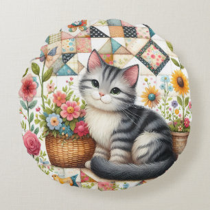 Schattige kat op bloemetjesdeken Cottagecore Rond Kussen