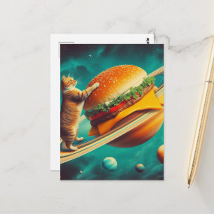 Schattige Kat op Cheeseburger Planeet Briefkaart