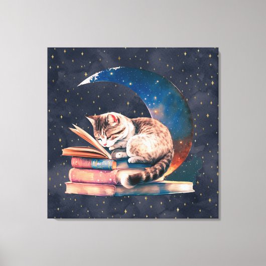 Schattige kat op de maan Een boek lezen Canvas Afdruk (Voorkant)
