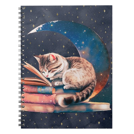 Schattige kat op de maan Een boek lezen Notitieboek (Voorkant)