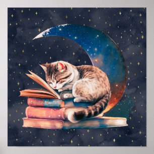 Schattige kat op de maan Een boek lezen Poster