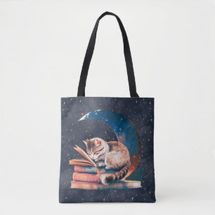 Schattige kat op de maan Een boek lezen Tote Bag