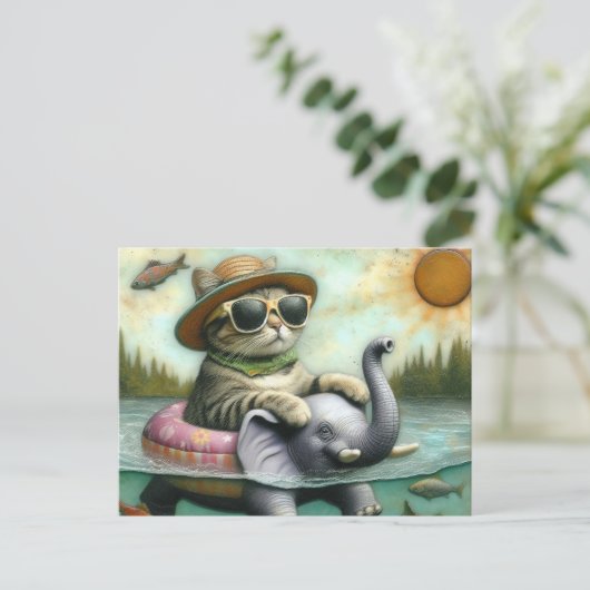 Schattige kat op een olifant bij de Lake Fish Jump Briefkaart (Staand voorkant)