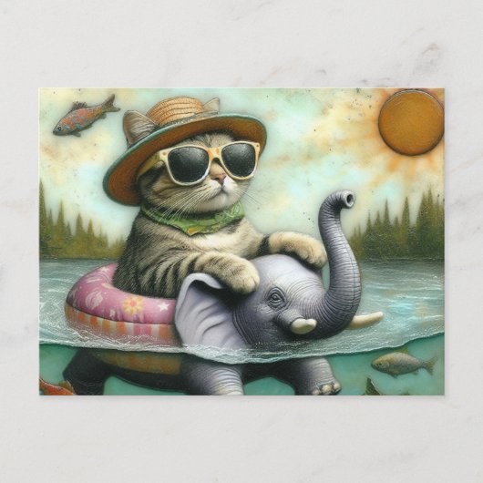 Schattige kat op een olifant bij de Lake Fish Jump Briefkaart (Voorkant)