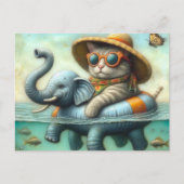 Schattige Kat op een Opblaasbare Olifant bij het M Briefkaart (Voorkant)