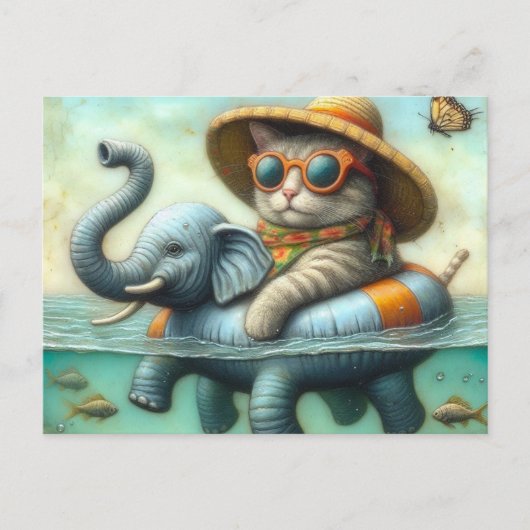 Schattige Kat op een Opblaasbare Olifant bij het M Briefkaart (Voorkant)