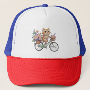 Schattige Kat op Fiets Hoed met Bloemen – Leuke Ca Trucker Pet