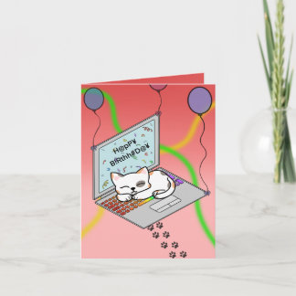 Schattige kat op laptop met slingers verjaardags feestdagen kaart