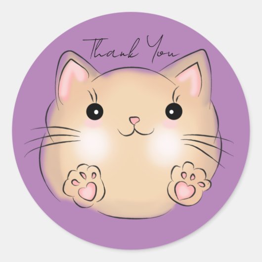 Schattige Kat, Paarse Dank je Ronde Sticker (Voorkant)