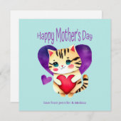 Schattige Kat Paarse Rode Hart Moederdag Kaart (Voorkant / Achterkant)