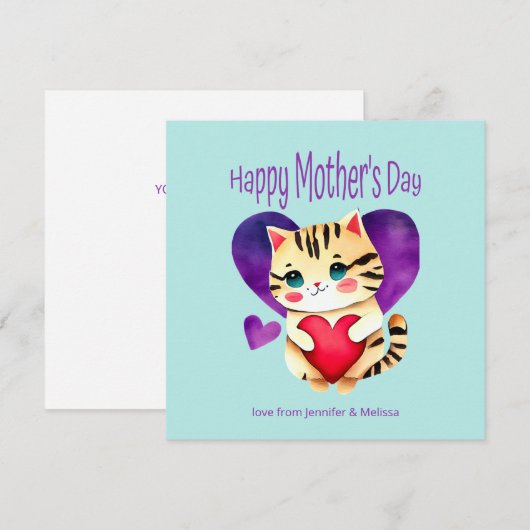 Schattige Kat Paarse Rode Hart Moederdag Kaart (Voorkant / Achterkant)