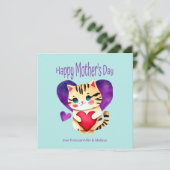 Schattige Kat Paarse Rode Hart Moederdag Kaart (Staand voorkant)
