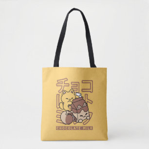 Schattige Kat Rijdt op Chocolademelk Karton Kawaii Tote Bag