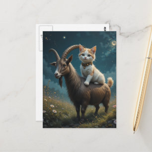 Schattige kat rijdt op een geit in het veld, grapp briefkaart