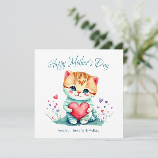 Schattige Kat Rode Hart Moederdag Kaart (Staand voorkant)