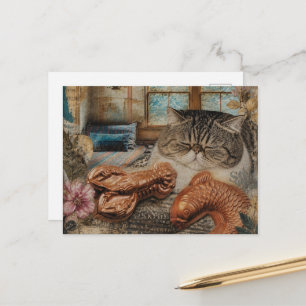 Schattige kat slaapt met kreeft en vis briefkaart
