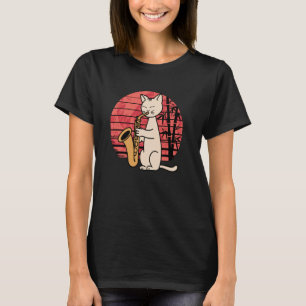 Schattige kat speelt jazz saxofoon met leuk retro t-shirt