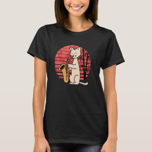 Schattige Kat Speelt Jazz Saxofoon met Leuke Retro T-shirt