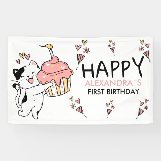 Schattige kat-thema eerste meisje verjaardag spandoek (Horizontaal)