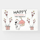 Schattige kat-thema eerste meisje verjaardag spandoek (Horizontaal)