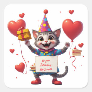 Schattige kat verjaardag met cadeau en bord 🐱 vierkante sticker