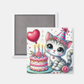 Schattige kat viert verjaardag met taart magneet (Voorkant / Achterkant)