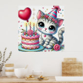 Schattige kat viert verjaardag met taart poster (Keuken)