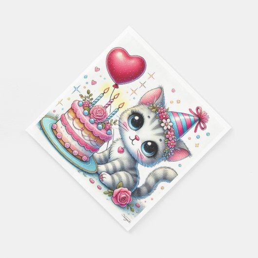 Schattige kat viert verjaardag met taart servet (Hoek)