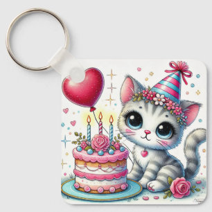 Schattige kat viert verjaardag met taart sleutelhanger