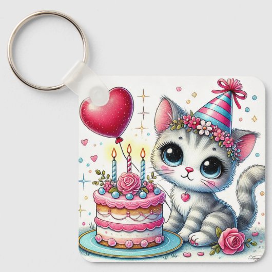 Schattige kat viert verjaardag met taart sleutelhanger (Voorkant)