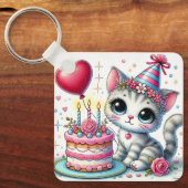Schattige kat viert verjaardag met taart sleutelhanger (Voorkant)