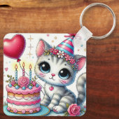 Schattige kat viert verjaardag met taart sleutelhanger (Achterkant)
