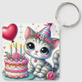 Schattige kat viert verjaardag met taart sleutelhanger (Achterkant)