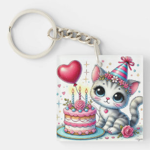 Schattige kat viert verjaardag met taart sleutelhanger