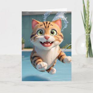 Schattige Kat Vliegende Zwemmende Duvende Zwembad  Kaart