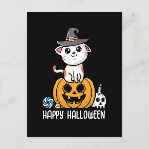 Schattige kat zat op pompoen Halloween Briefkaart