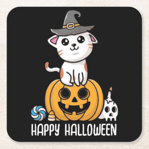 Schattige kat zat op pompoen Halloween Kartonnen Onderzetters