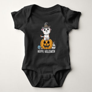 Schattige kat zat op pompoen Halloween Romper