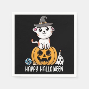 Schattige kat zat op pompoen Halloween Servet