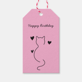 schattige kat zegt: gelukkige verjaardag. cadeaulabel