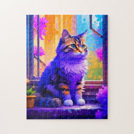 Schattige kat zit in raam Ai-kunst Legpuzzel (Verticaal)