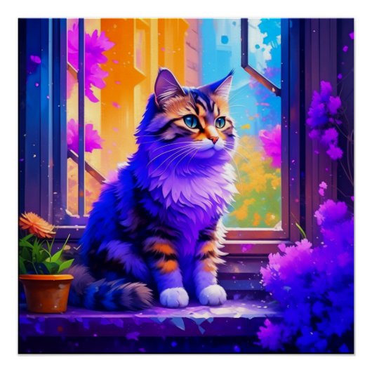 Schattige kat zit in raam Ai-kunst Perfect Poster (Voorkant)