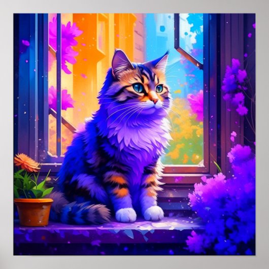 Schattige kat zit in raam Ai-kunst Poster (Voorkant)