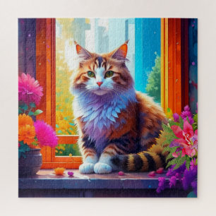 Schattige kat zit in raam in de stad Ai Kunst Legpuzzel