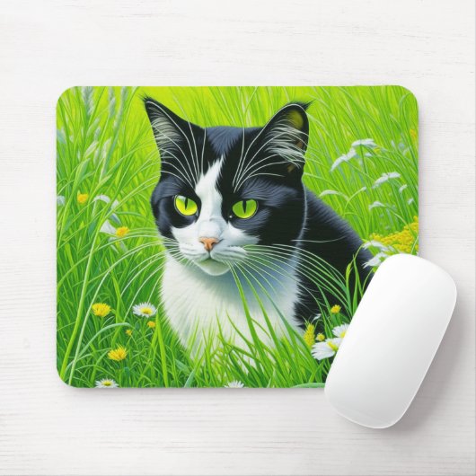 Schattige kat zitten in een veld van Daisies Muismat (Met muis)