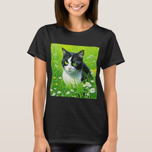 Schattige kat zitten in een veld van Daisies T-shirt (Voorkant)