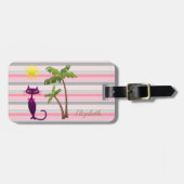 Schattige kat, zon, palmen op streep bagagelabel (Voorkant horizontaal)