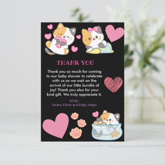 Schattige kat zwart en roze baby shower bedankkaart (Staand voorkant)